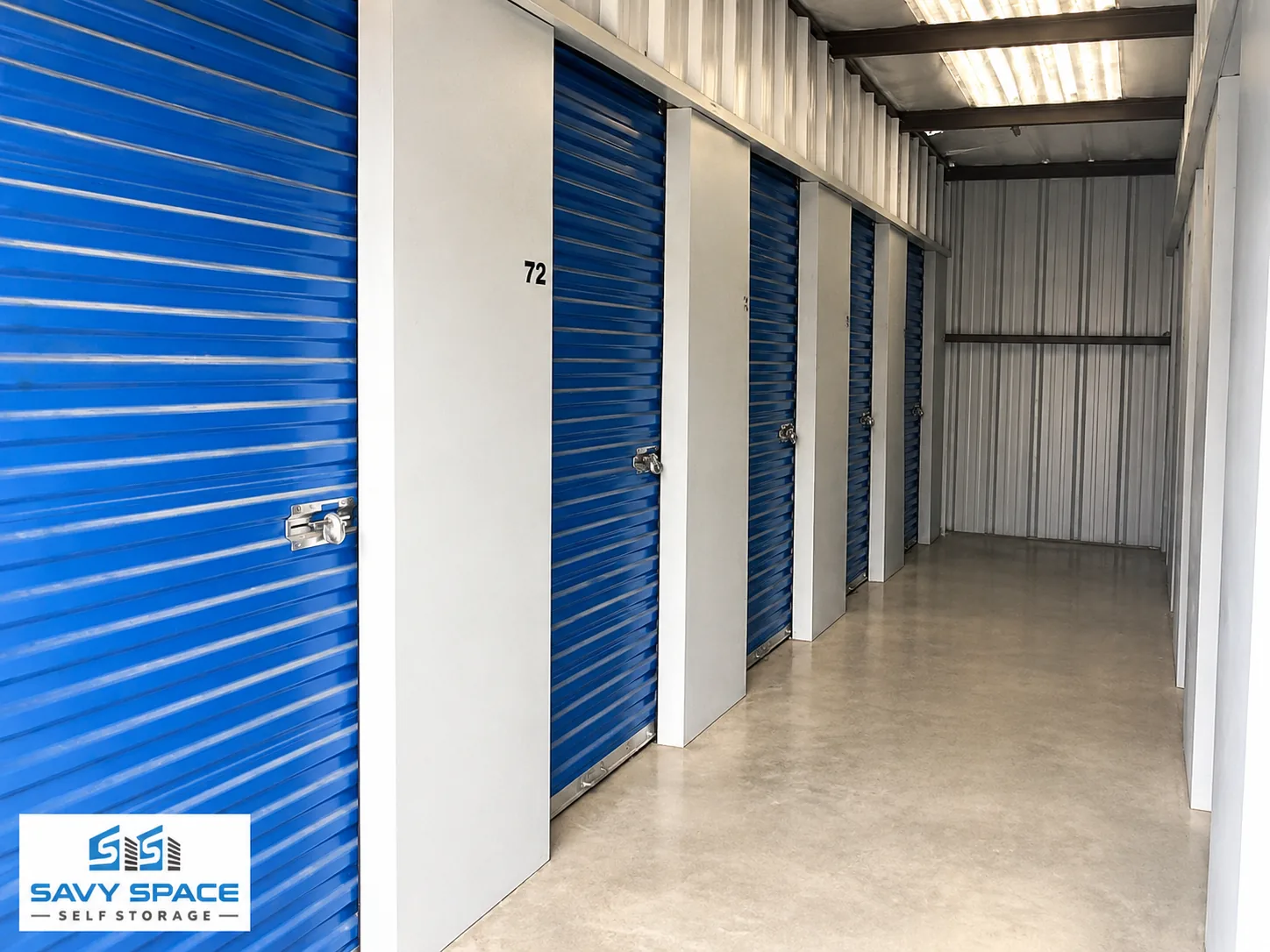 Indoor corridor of interior storage units at Savy Space Self Storage in Augusta