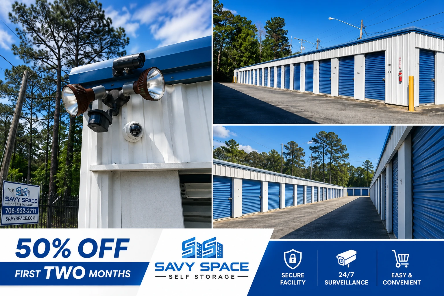 Savy Space Self Storage promotion — 50% off your first two months with code 50OFF2. Secure facility, 24/7 surveillance, easy and convenient drive-up storage in Augusta, GA.